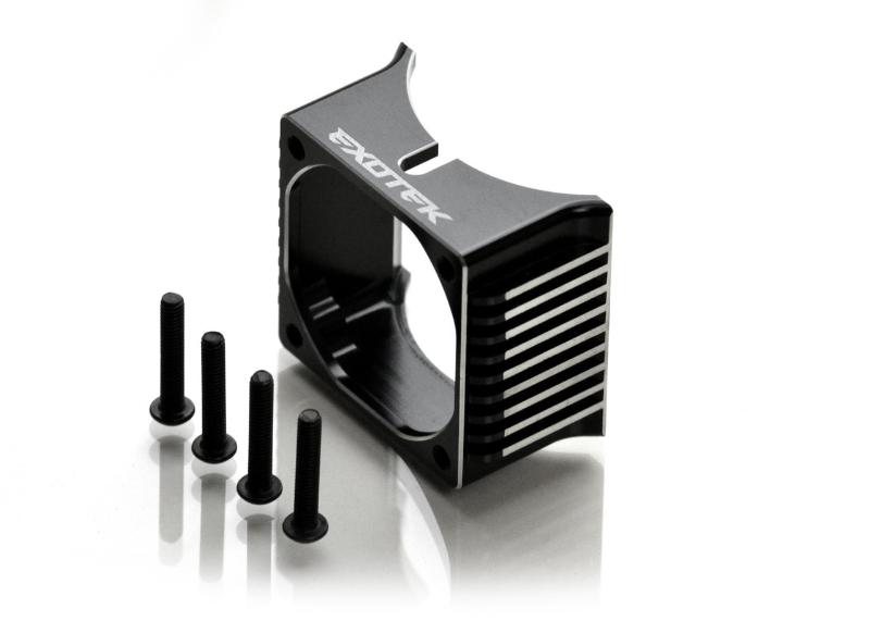 Alloy fan blaster shroud for RC car from 1up Racing, fits Exotek Racing model EXO1718, enhances cooling and performance.