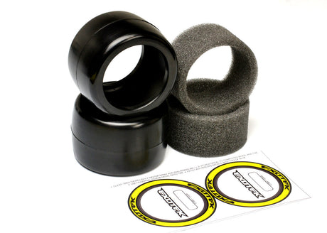 Exotek Racing F1 1/10 rear rubber tires 36X in yellow-medium for RC cars, featuring textured tread for improved grip.