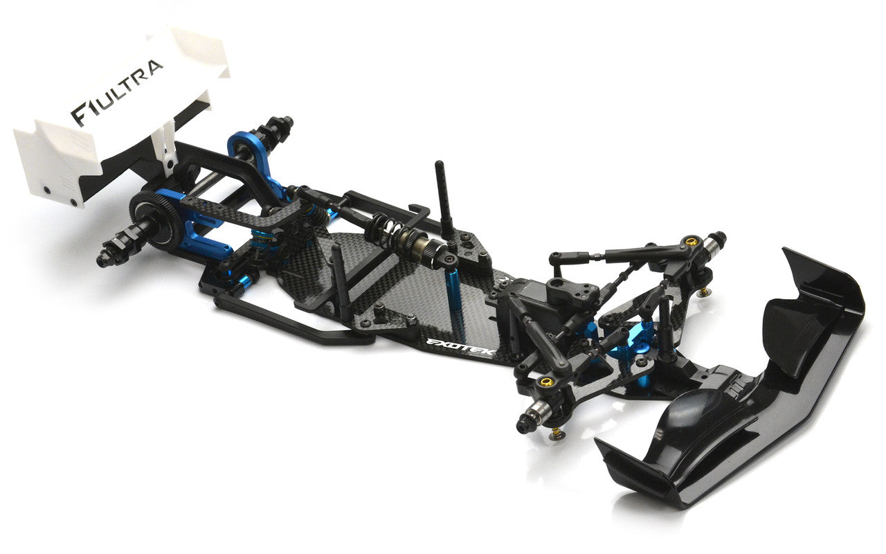 Close-up of the Exotek Racing F1 Ultra R5 1/10 Formula 1 kit with detailed chassis and components.