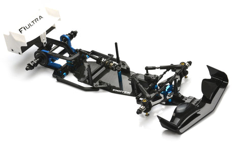 Close-up of the Exotek Racing F1 Ultra R5 1/10 Formula 1 kit with detailed chassis and components.