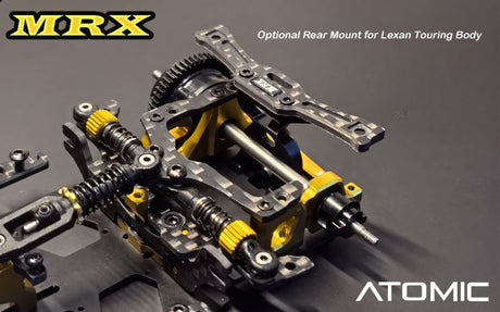 Atomic RC MRX 2WD Pan Car Kit with sleek black and red design, detailed chassis, and high-performance components for RC racing