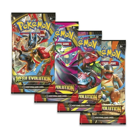 Pokémon TCG Mega Evolution Booster Pack featuring colorful cards and artwork from the Pokémon brand.
