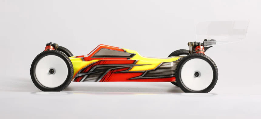 LC Racing LC12B1-HK 1/12 scale 4WD competition buggy kit with motor and ESC, shown assembled with detailed chassis components.