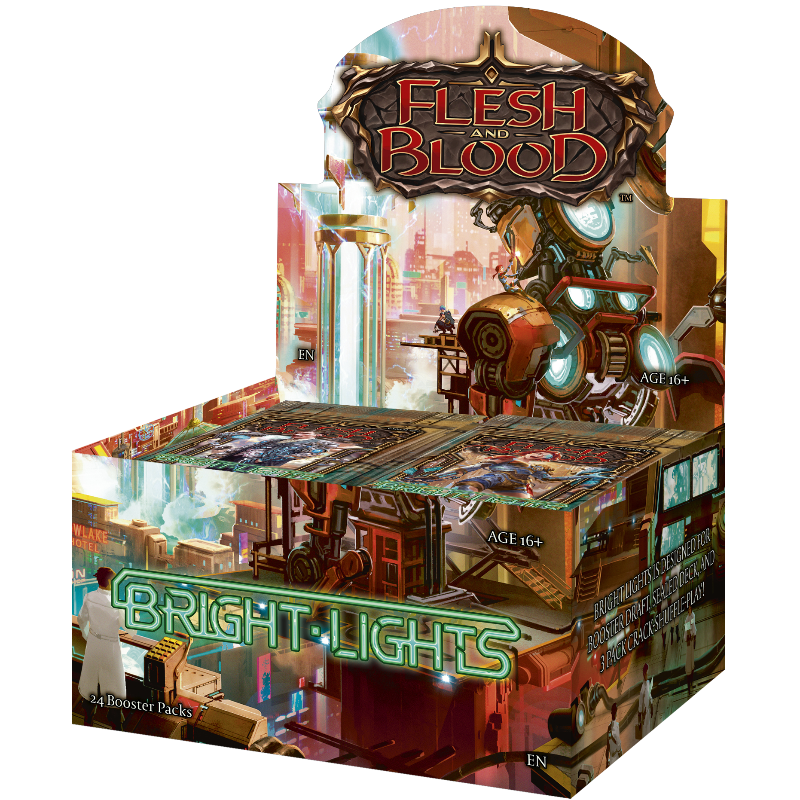 Flesh and Blood Bright Lights Booster Box of collectible trading cards by Legends Story Studios, featuring colorful card artwork.