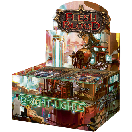 Flesh and Blood Bright Lights Booster Box of collectible trading cards by Legends Story Studios, featuring colorful card artwork.