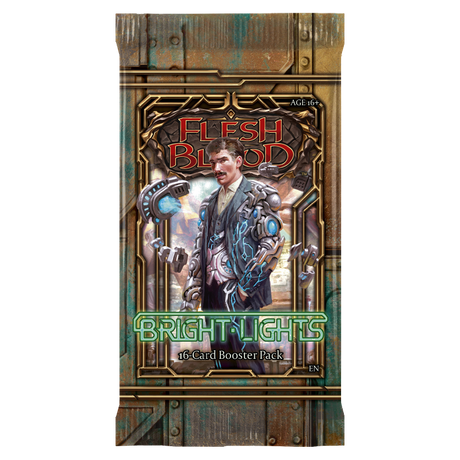 Flesh and Blood Bright Lights booster pack of collectible trading cards by Legends Story Studios, featuring vibrant card artwork.