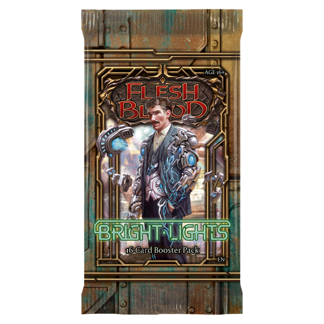 Flesh and Blood Bright Lights booster pack of collectible trading cards by Legends Story Studios, featuring vibrant card artwork.