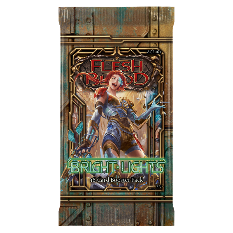 Flesh and Blood Bright Lights Booster Pack of collectible trading cards by Legends Story Studios, showing colorful cards inside.