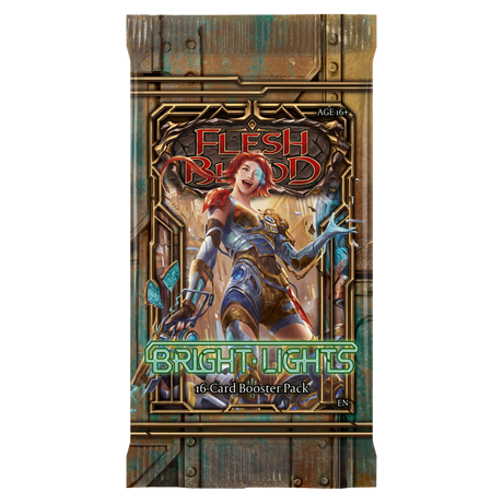 Flesh and Blood Bright Lights Booster Pack of collectible trading cards by Legends Story Studios, showing colorful cards inside.