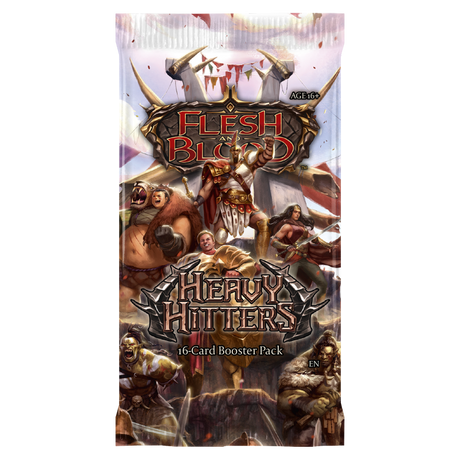 Flesh and Blood Heavy Hitters Booster Pack of collectible trading cards by Legends Story Studios, featuring vibrant card artwork.