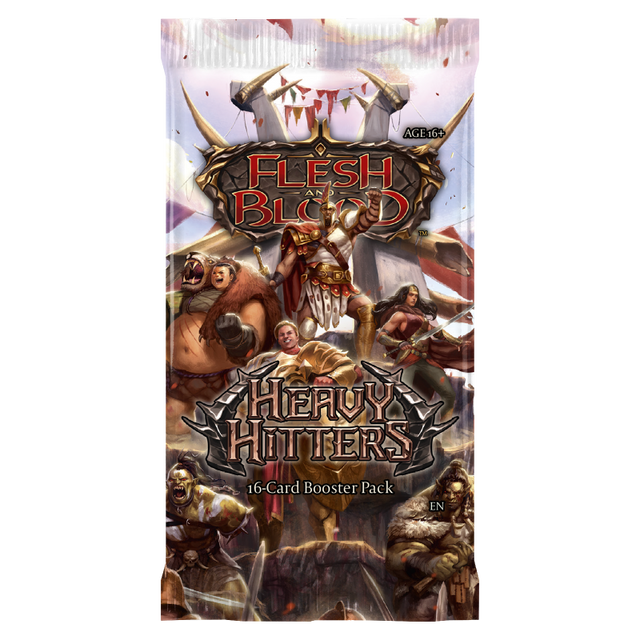 Flesh and Blood Heavy Hitters Booster Pack of collectible trading cards by Legends Story Studios, featuring vibrant card artwork.