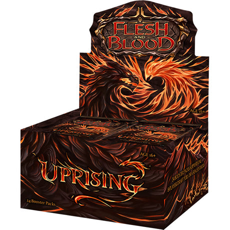 Flesh and Blood Uprising booster box of collectible trading cards by Legends Story Studios, packed with card images.