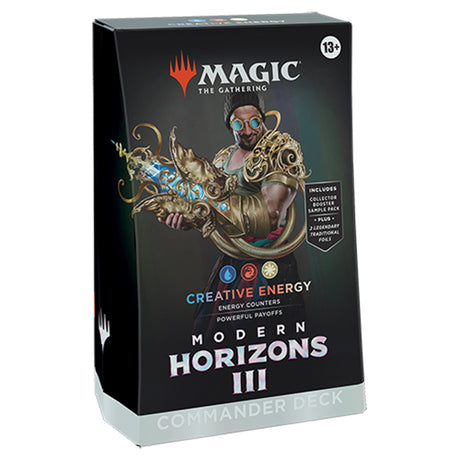 Wizards of the Coast MTG Modern Horizons 3 Commander Deck with colorful cards arranged in a display.
