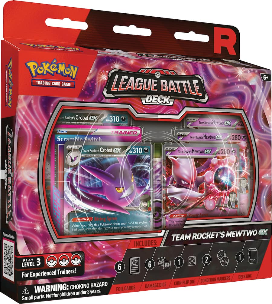 Pokémon TCG Team Rocket’s Mewtwo ex League Battle Deck featuring Mewtwo ex Pokémon card and battle accessories.