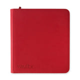 Vault X Exo-Tech 12-Pocket Zip Binder in fire-red showing multiple pockets and zipper closure for organized storage