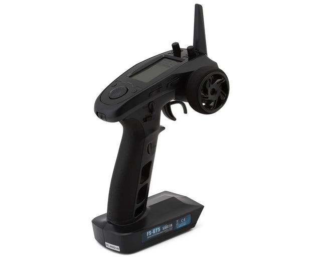 Flysky FS-GT5 6-channel radio transmitter with FS-BS6 receiver, featuring ergonomic design and control buttons for RC car racing.
