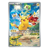 Full-art foil Pikachu Pokémon TCG card from the Pokémon Paldea Evolved Elite Trainer Box.