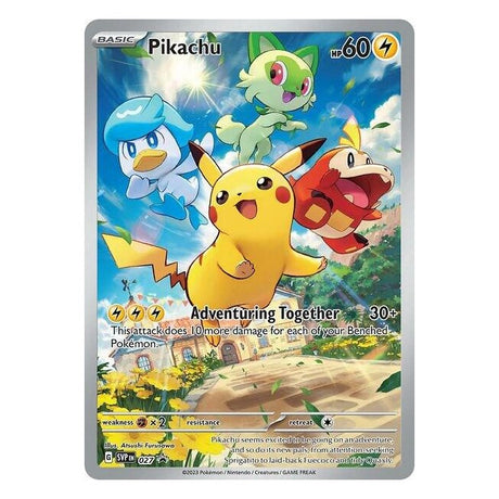 Full-art foil Pikachu Pokémon TCG card from the Pokémon Paldea Evolved Elite Trainer Box.