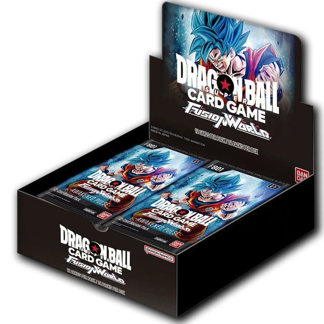 Bandai Dragon Ball Super Awakened Pulse Booster Box FB01 featuring colorful booster pack artwork and trading card packaging.