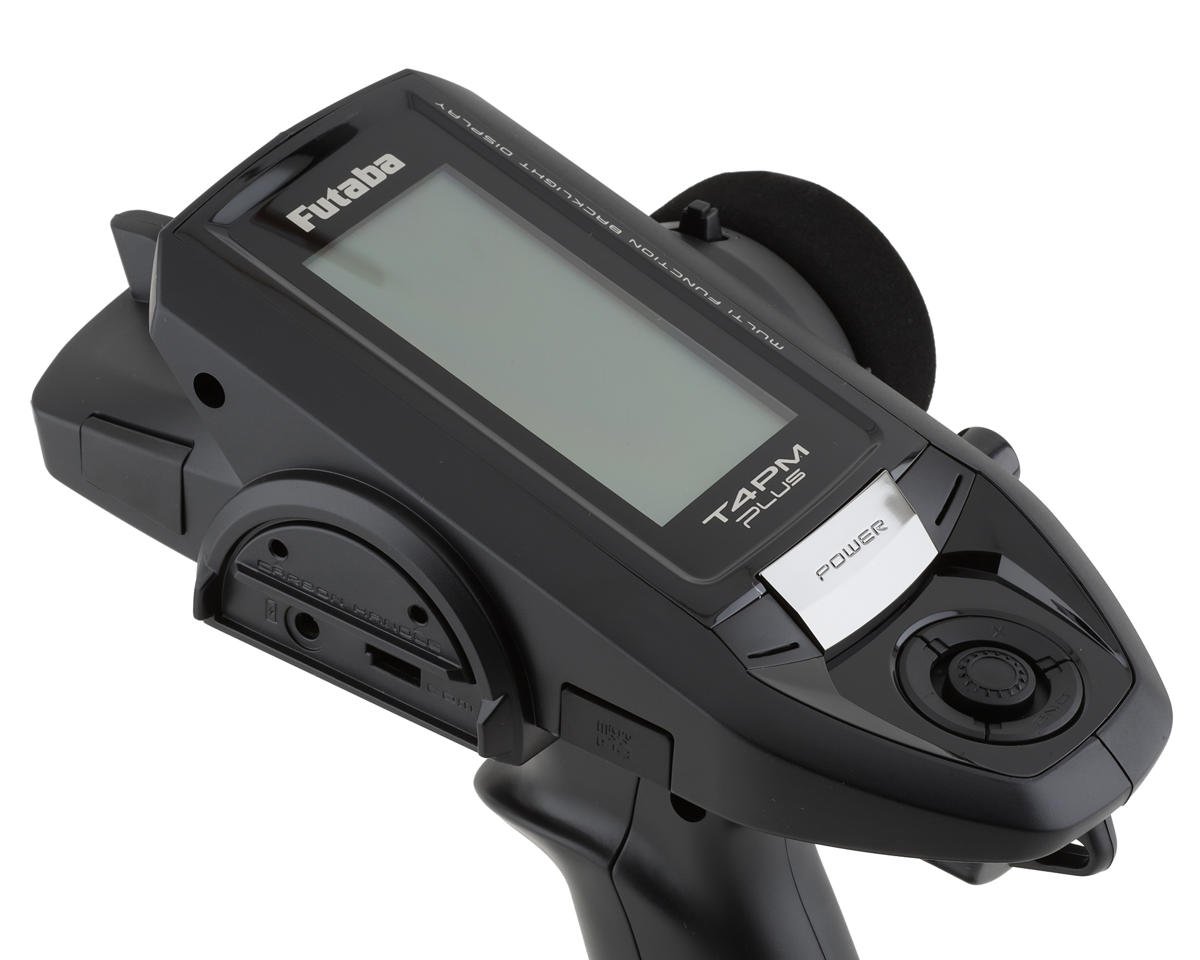 Futaba 4PM Plus 4-channel 2.4GHz T-FHSS radio system transmitter with ergonomic design and control sticks.