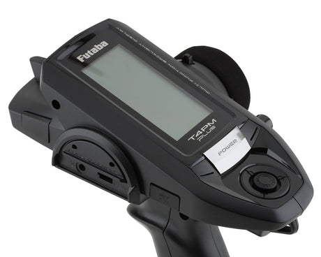 Futaba 4PM Plus 4-channel 2.4GHz T-FHSS radio system transmitter with ergonomic design and control sticks.