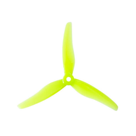 Two pairs of yellow Gemfan Hurricane 51433 3-blade drone propellers for quadcopters, showcasing their lightweight design and aerodynamic shape.