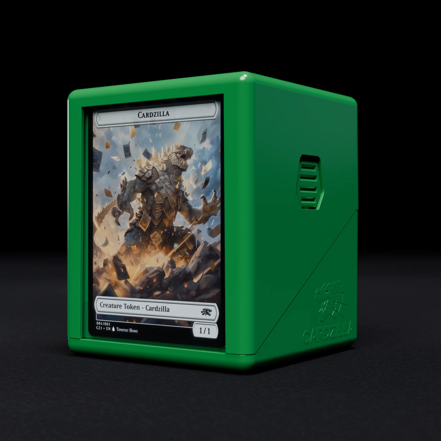 Green Cardzilla Showcase 100+ deck box for card supplies, featuring a sleek design and ample storage for trading cards.