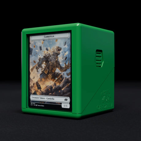 Green Cardzilla Showcase 100+ deck box for card supplies, featuring a sleek design and ample storage for trading cards.