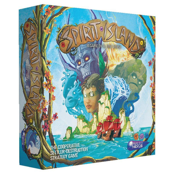 3D image of Spirit Island board game box by Greater Than Games, showcasing vibrant artwork and game title on the front.