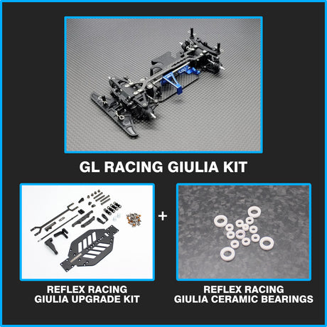 GL Racing Giulia Pro Kit with Reflex upgrade and ceramic bearing, shown in a sleek automotive performance package.