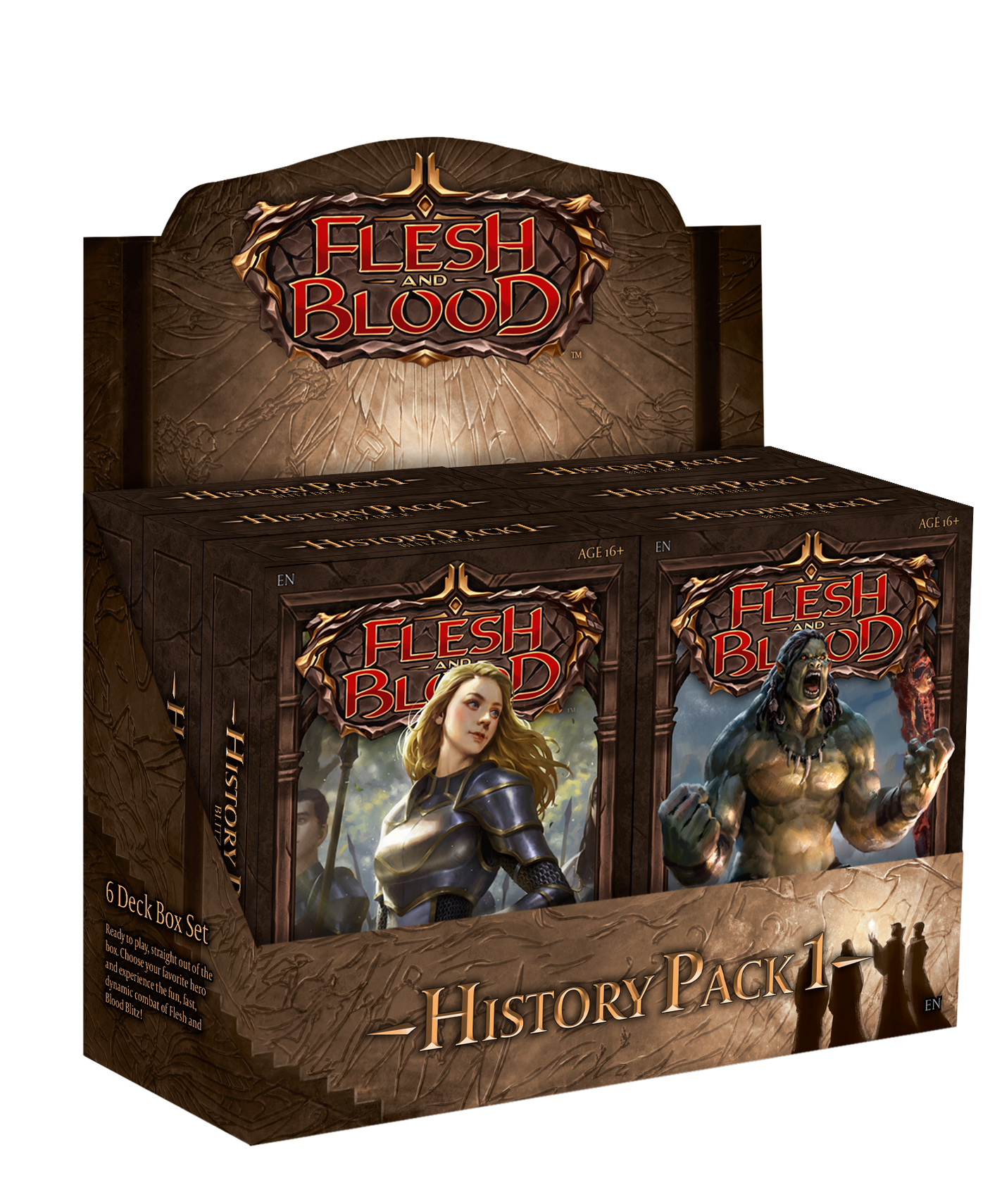 Flesh and Blood History Pack 1 Blitz Decks collectible trading cards set by Legends Story Studios displayed in a box.
