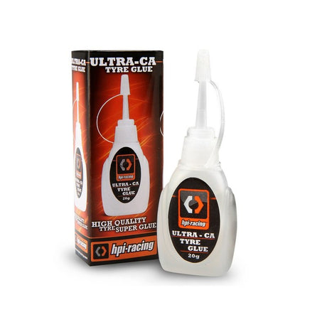 HPI Racing Ultra-CA Tire Glue 20G bottle with applicator tip for securing RC tires during assembly.