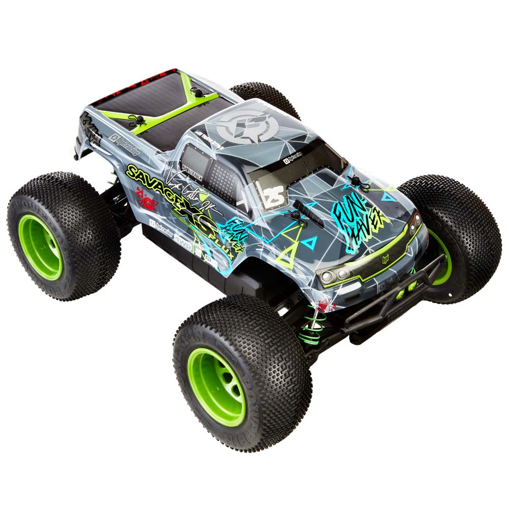 HPI Racing Savage XS Flux VGJR RTR 4WD monster truck with rugged tires and detailed body in a ready-to-run RC vehicle.
