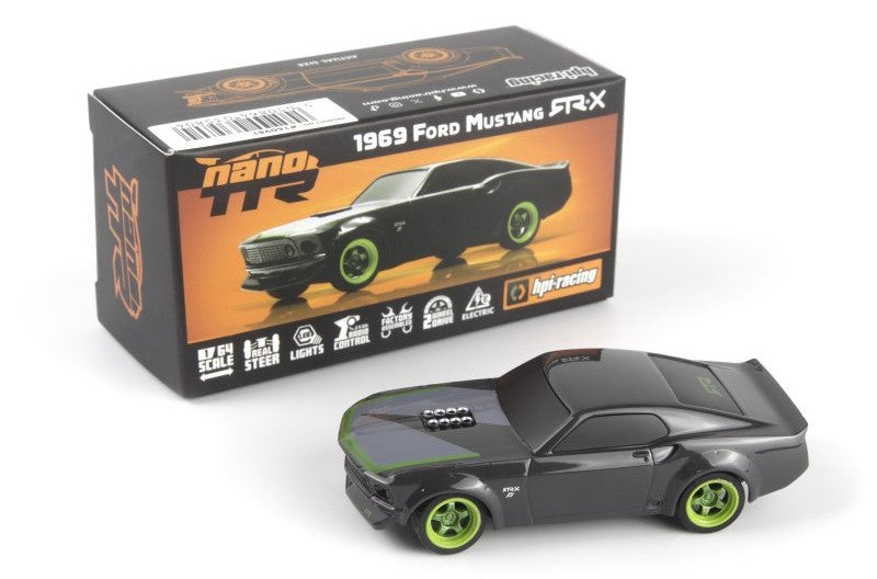 HPI Racing Nano-TTR 1969 Ford Mustang RTR-X radio-controlled car showing detailed exterior and racing design.