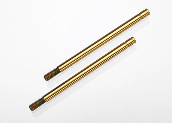 Traxxas TiN-coated long shock shafts for RC vehicles, set of 2, featuring durable, corrosion-resistant metal construction.