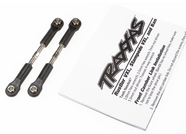 Pair of Traxxas 36 mm rear steel camber links for RC cars, showing shiny metal links with mounting points.