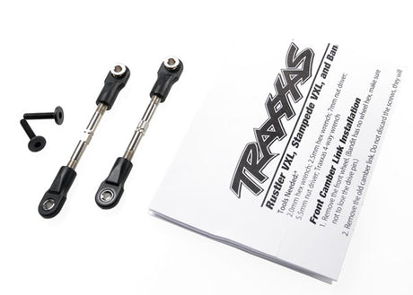 Pair of Traxxas 47mm front steel camber links for RC cars, showing shiny metal construction and mounting ends.