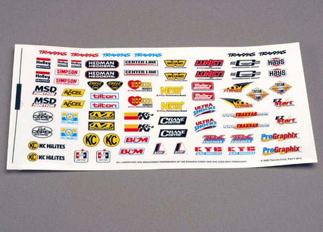 Traxxas Racing Sponsor Decal Sheet featuring various colorful decals for RC car customization.