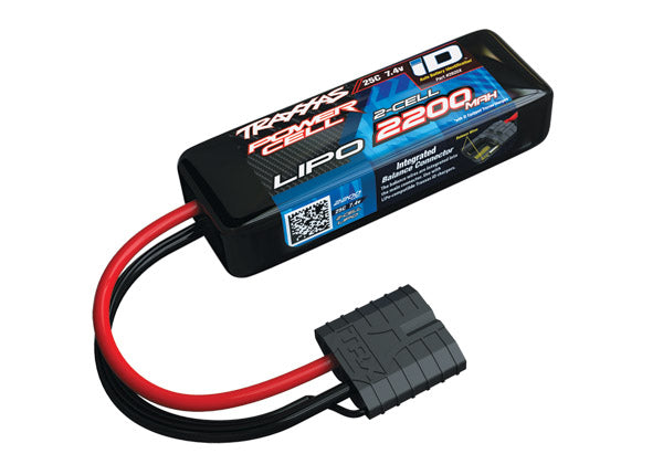 Traxxas 2200mAh 7.4V 2S LiPo battery for RC cars and trucks, shown with black and white label and connector ports.