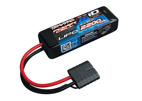 Traxxas 2200mAh 7.4V 2S LiPo battery for RC cars and trucks, shown with black and white label and connector ports.