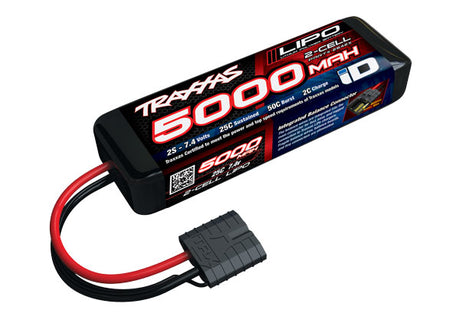Traxxas 5000mAh 7.4V 2S LiPo battery for RC cars, featuring black and orange packaging with Traxxas branding.