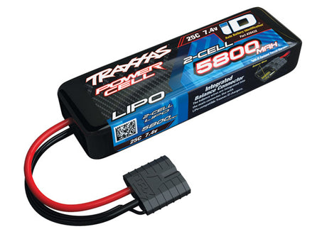 Traxxas 5800mAh 7.4V 2S LiPo battery for RC cars, shown with black and red connectors and compact rectangular design.