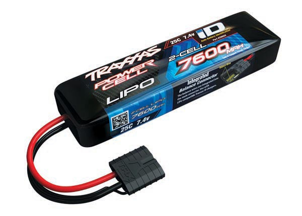 Traxxas 7600mAh 7.4V 2S LiPo battery for RC cars, showing the black and red battery pack with Traxxas branding.