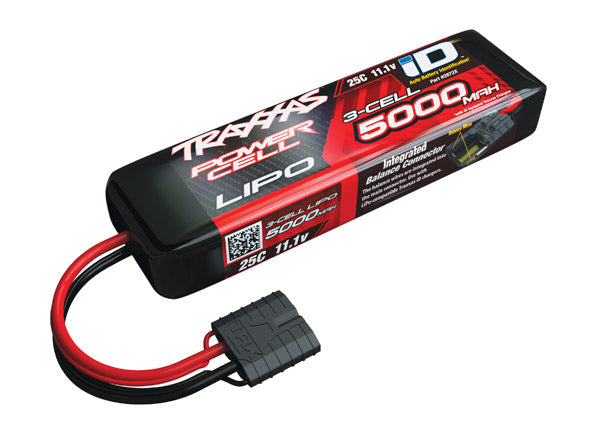 Traxxas 5000mAh 11.1V 3S LiPo battery for RC vehicles, with black and red branding and connection ports visible.