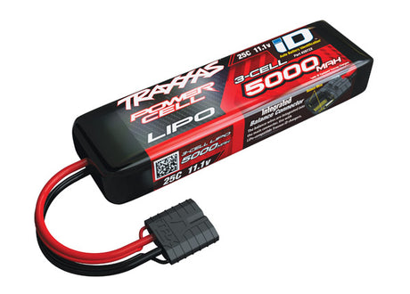 Traxxas 5000mAh 11.1V 3S LiPo battery for RC vehicles, with black and red branding and connection ports visible.