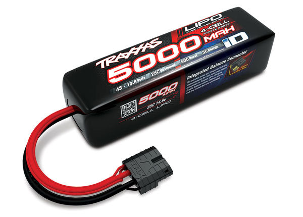 Traxxas 5000mAh 14.4V 4S LiPo battery for RC vehicles, shown with black and orange branding and connectors.