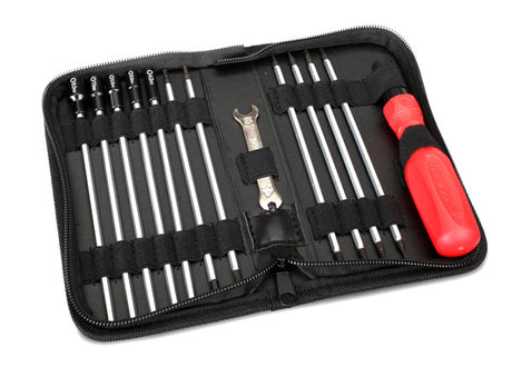 Traxxas tool kit with various repair tools and accessories for remote control cars and hobby vehicles.