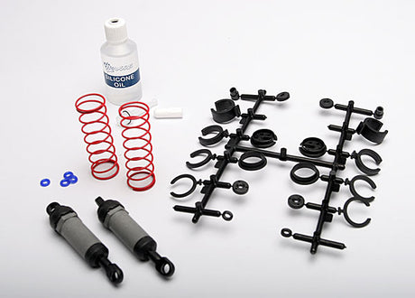 Pair of Traxxas long gray front ultra shocks with springs for RC trucks, shown assembled with metal shocks and coil springs.