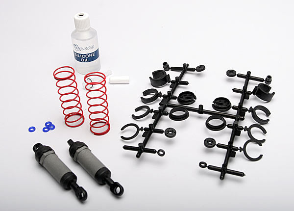 Pair of Traxxas long gray front ultra shocks with springs for RC trucks, shown assembled with metal shocks and coil springs.