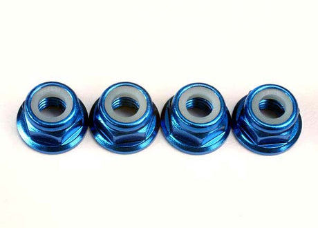 Set of four Traxxas aluminum 5mm nylon lock nuts for RC vehicle wheel hubs and suspension components.